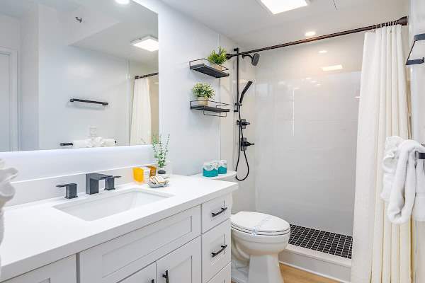 Refresh and unwind in a sleek, modern bathroom featuring a walk-in shower and elegant black matte fixtures.