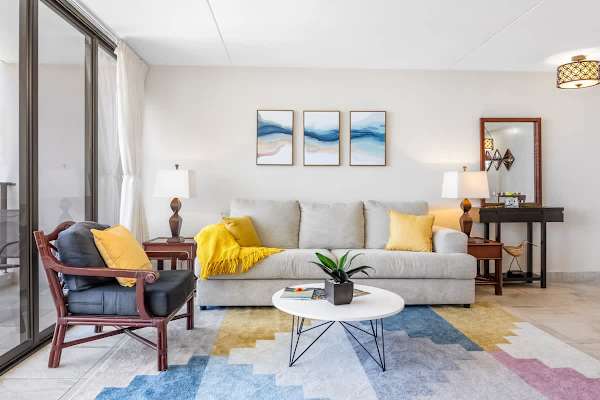 Your living room has a pull-out sleeper sofa, armchair, and coffee table.