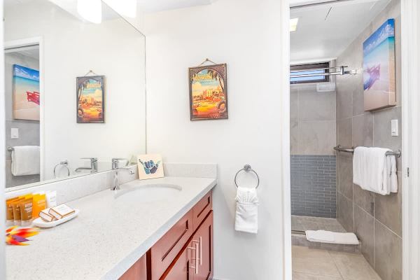 Full bathroom with walk-in shower.