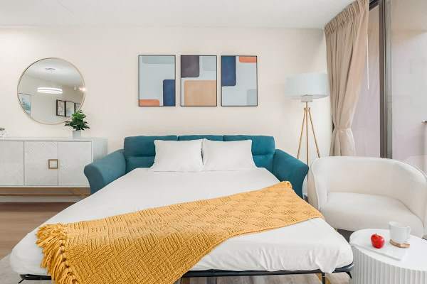 Pull-out sleeper sofa in the living room.