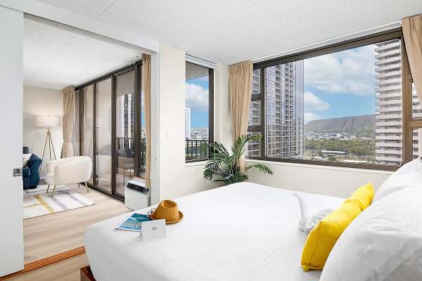Your bedroom with a beautiful mountain view.