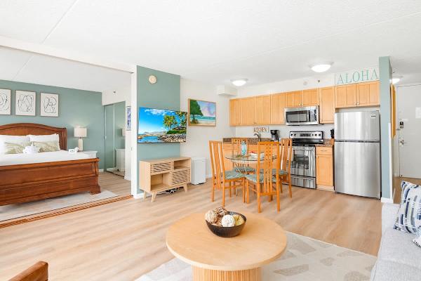 Your living area with a 50'' Smart TV for entertainment purposes.