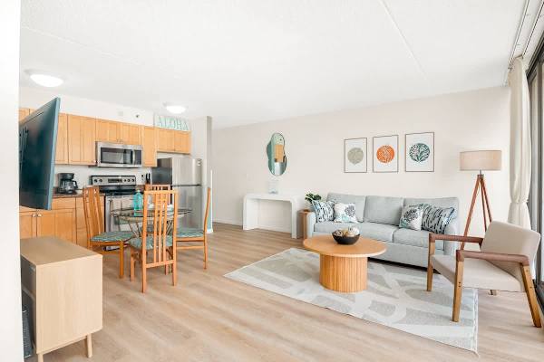 Overview of your living room, kitchen, and dining area.