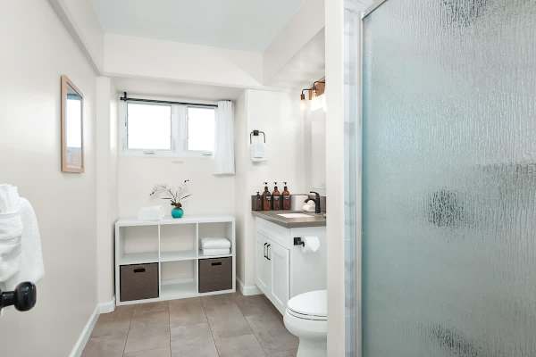 The second full bathroom with a walk-in shower and a vanity with a cabinet.
