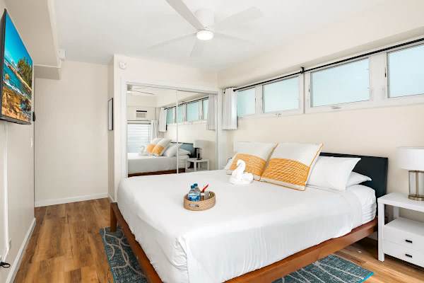 The master bedroom with a king-size bed, closet, window AC, and a ceiling fan.