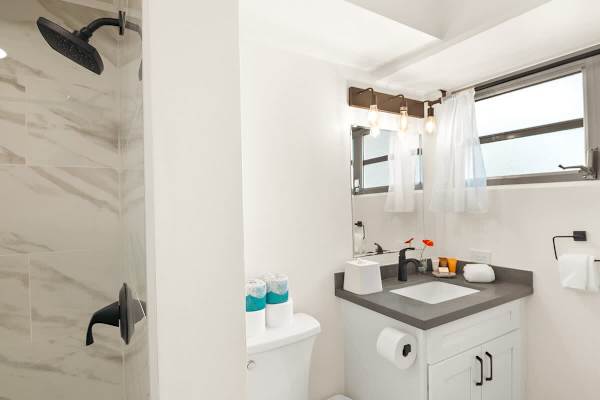 Bathroom with vanity and cabinet
