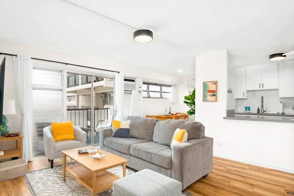 Living room with pull-out sleeper sofa, armchair, and coffee table.