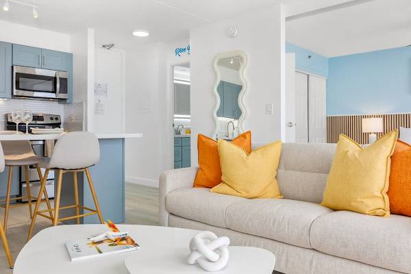 Pull-out sleeper sofa and coffee table in the living room.