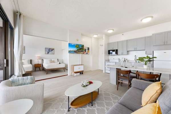 Overview of the living room and dining area
