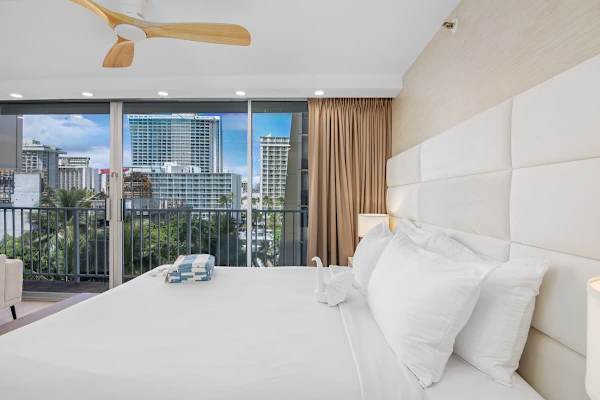 A beautifully renovated studio condo with a king-size bed and new mattress for a comfortable and relaxing sleep.