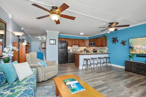 Spacious living area with smart TV.