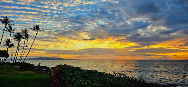 End your day with a breathtaking, golden Kamaole Beach sunset framed by towering palm trees and a dramatic, colorful sky, an iconic Hawaiian moment you can experience just steps from your property.