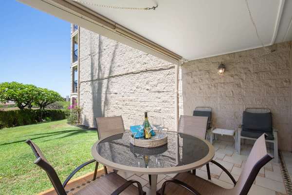 Your spacious balcony with dining table and 4 chairs.