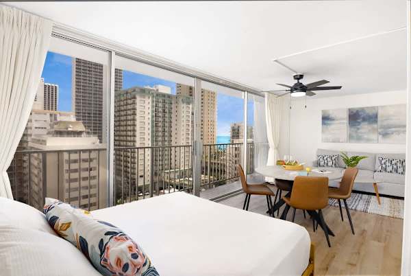 Wake up to stunning city and ocean views from your comfortable king bed in this bright, open-concept studio.