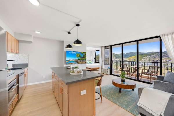Overview of the kitchen, dining area, and living area