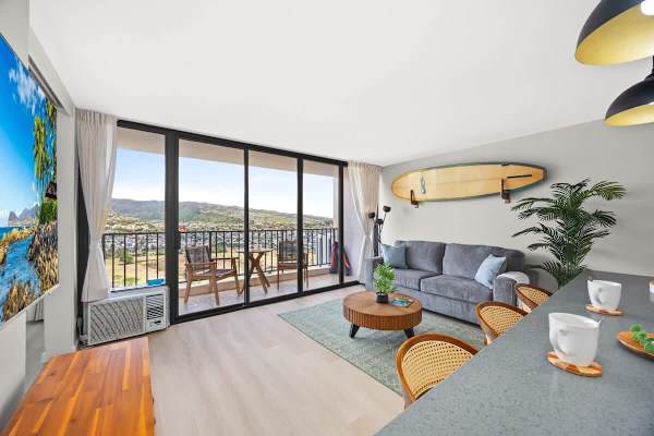 Enjoy your Hawaii vacation in our beautifully renovated condo in the Waikiki Banyan. You will love cooking your meals in our fully equipped kitchen and finishing the day on our cozy sofa.