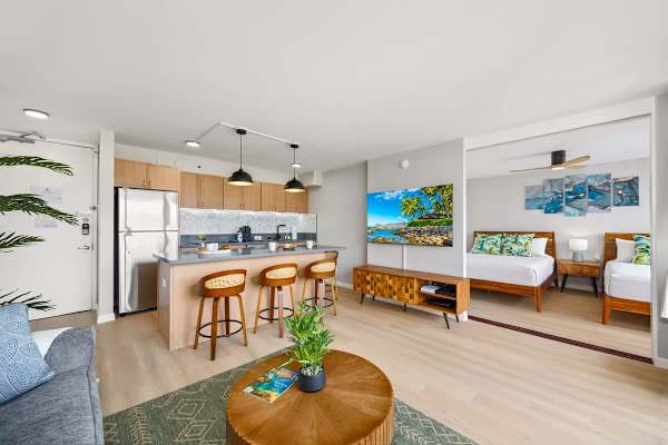 Overview of the living area, dining area, and kitchen