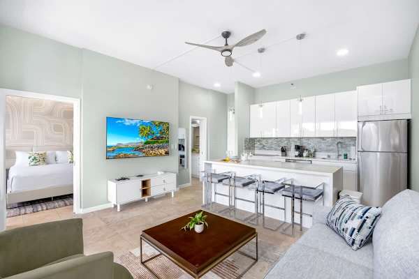 Overview of the living area, dining area, and kitchen