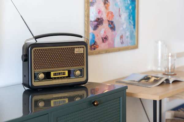 Enjoy your favorite tunes with this charming vintage-style radio!