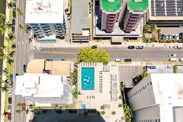 The breathtaking aerial view of the stunning swimming pool oasis.