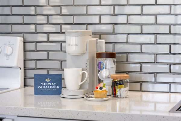 Start your mornings right with our complimentary coffee station, featuring a Keurig brewer and a delightful selection of pods.