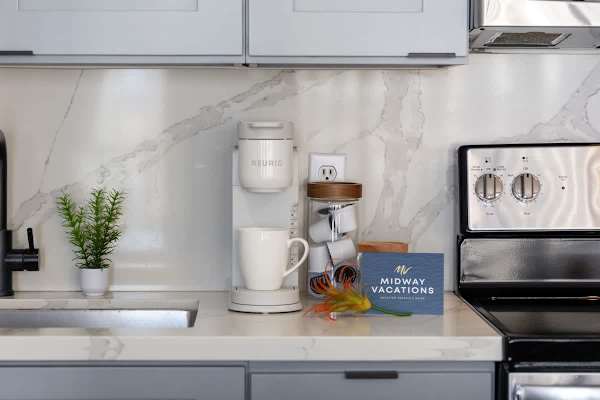 Start your day right with a convenient coffee station featuring a Keurig machine, ready for your morning brew.