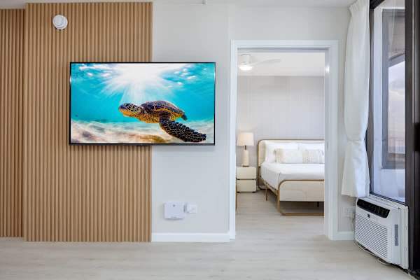 Settle in for a movie night on the large 65-inch smart TV with cable, perfectly positioned for viewing from the living area.