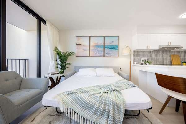 Maximize your space with this comfortable queen-size pull-out sleeper sofa in the living area.