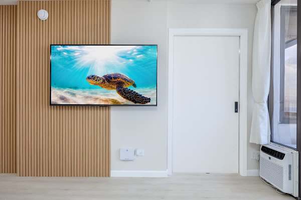 Enjoy your favorite shows on the large 65-inch smart TV with cable, conveniently located in the living area with a sliding door leading to the bedroom for easy access.