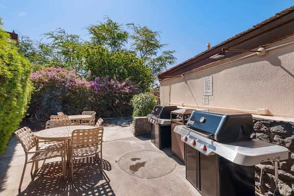 Enjoy an outdoor meal at the community BBQ area, featuring multiple gas grills and nearby outdoor dining tables set amidst the lush, tropical landscaping.