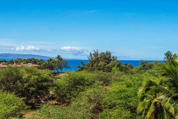 Immerse yourself in this stunning panoramic view of the deep blue ocean framed by lush tropical greenery, with distant islands and mountains visible under a clear, bright sky.