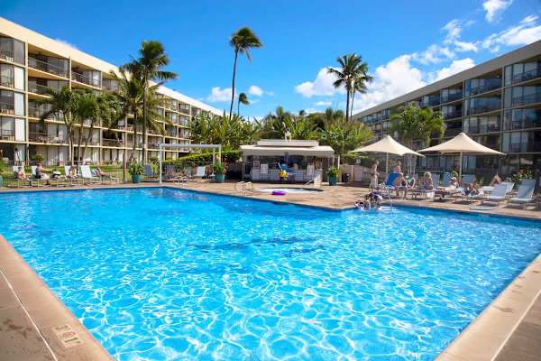 Dive into the sparkling pool, framed by lush palms and sun-drenched loungers, offering the perfect tropical oasis for a day of relaxation.