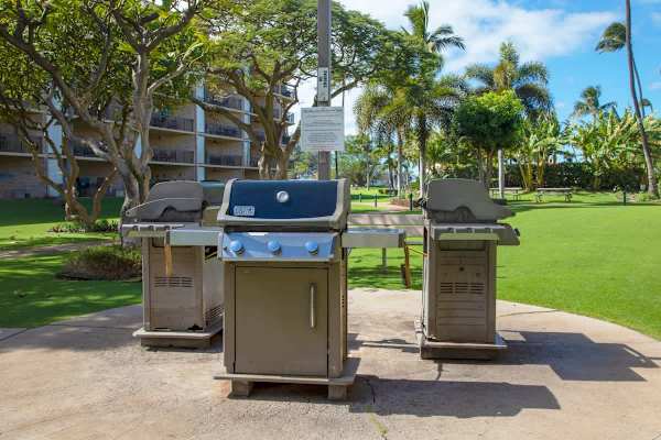 Enjoy a classic outdoor meal using the convenient resort gas grills, perfectly situated near the lush lawn and surrounded by tropical foliage.