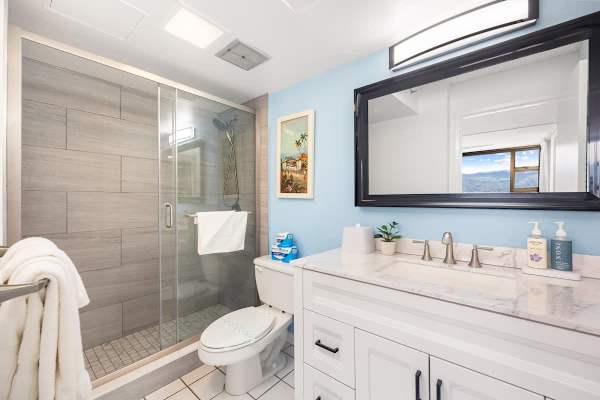 Indulge in the newly renovated bathroom with a walk-in shower for a relaxing and refreshing experience.