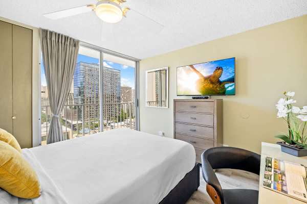 Bedroom with queen-size bed, ceiling fan, TV, dedicated workspace, and closet.