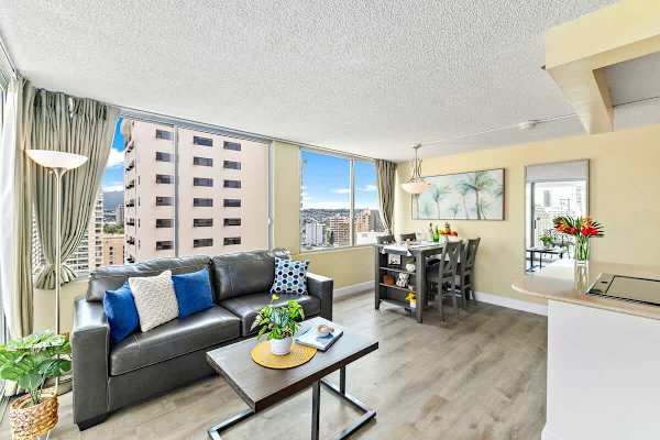Living room with pull-out sleeper sofa and coffee table.