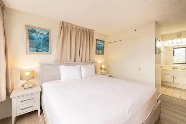 Bedroom with king size bed, closet and access to the bathroom
