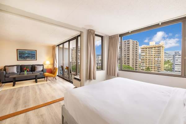Overview of the bedroom and living