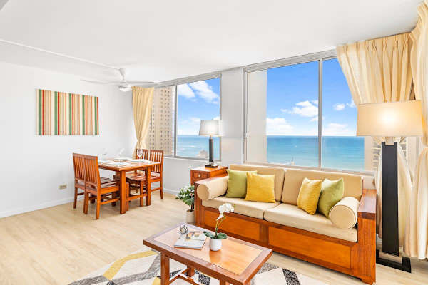 The living room features a pull-out sleeper sofa and dining area with 4 chairs! Enjoy the view of the ocean view!