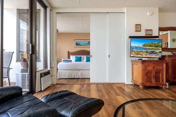 The bedroom is separated from the living room by a sliding door.