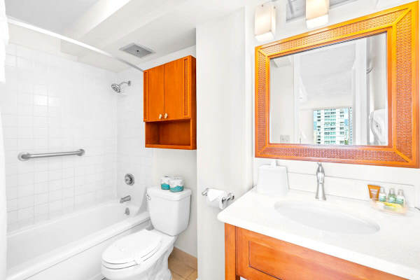 Full bathroom with tub and shower combo.