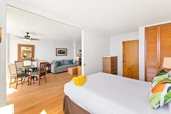 Queen-size bed. A sliding door separates the two ambiances. Access to the bathroom 