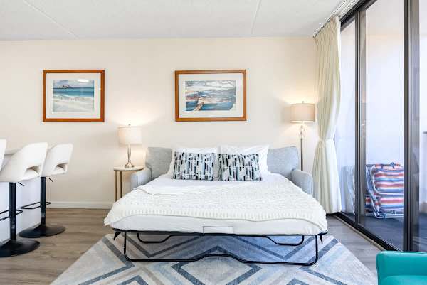 Modern living area with a pull-out sofa bed and natural light from the balcony.