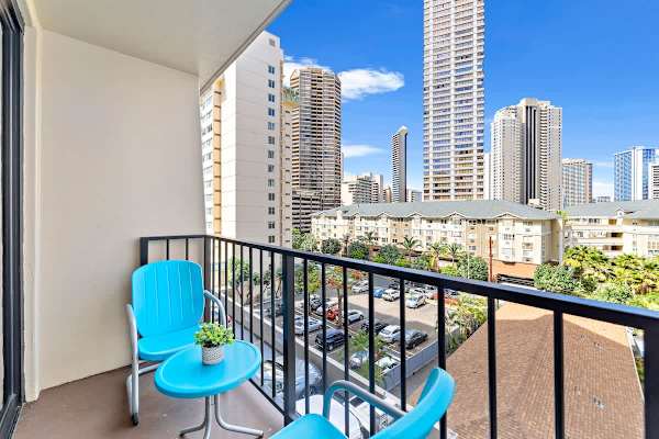 Balcony with city view.