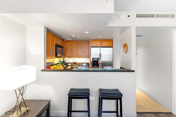 Dining area countertop with 2 bar stools