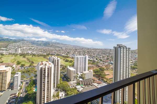 Balcony with breathtaking mountain and city views