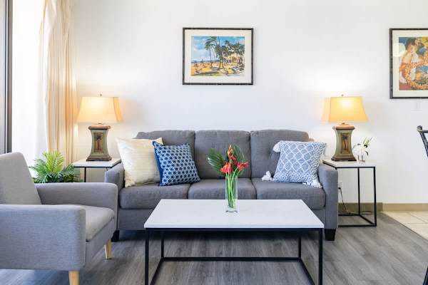 Living room with pull out sleeper sofa, coffee table and accent chair.