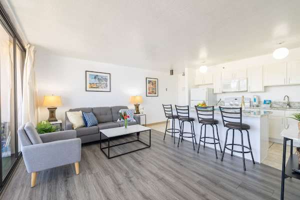 The living room features a pull-out sleeper sofa!