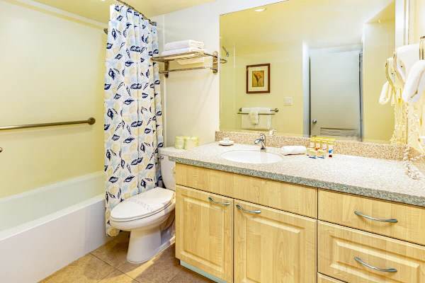 Bright bathroom with a large mirror and a shower-tub combination.