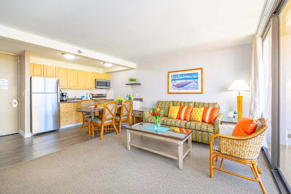 Overview of the living room and kitchen